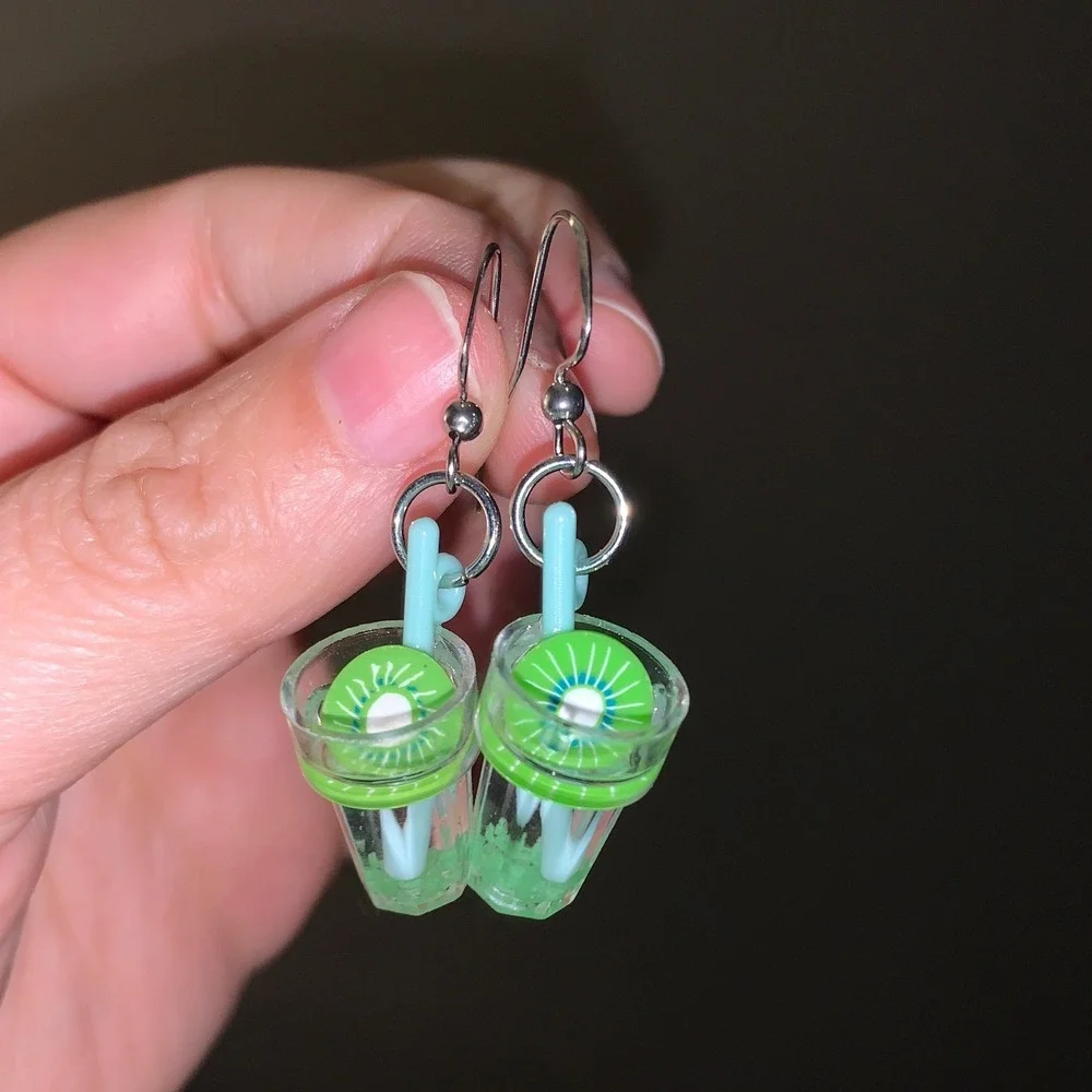 Kiwi Boba Tea Dangle Earrings Funky‎ Fruitcore Kawaiicore Novelty